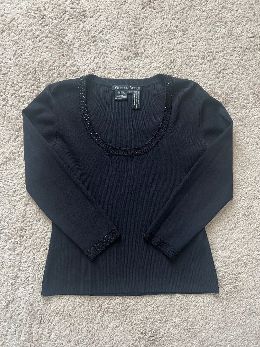 Michelle Nicole Black Top with Beaded Neckline & Cuffs – Sz Small – Never Worn